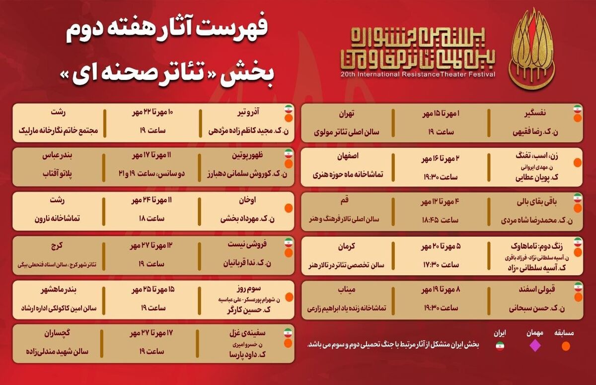 جدول آثار هفته دوم بخش «تئاتر صحنه‌ای» جشنواره بین‌المللی تئاتر مقاومت
