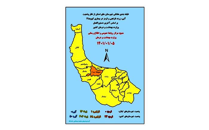 ۱۶ شهرستان گیلان در وضعیت زرد کرونایی
