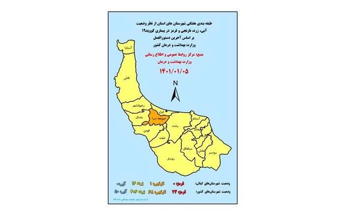 ۱۶ شهرستان گیلان در وضعیت زرد کرونایی