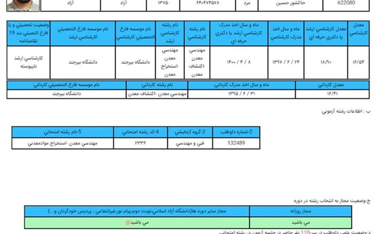 کسب رتبه یک آزمون سراسری مقطع دکتری توسط دانشجوی دانشگاه بیرجند