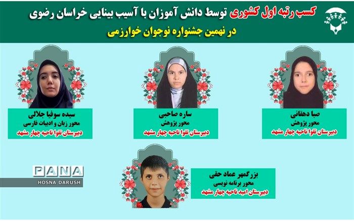 کسب ۳ مقام کشوری توسط دانش‌آموزان آسیب‌دیده بینایی مشهد