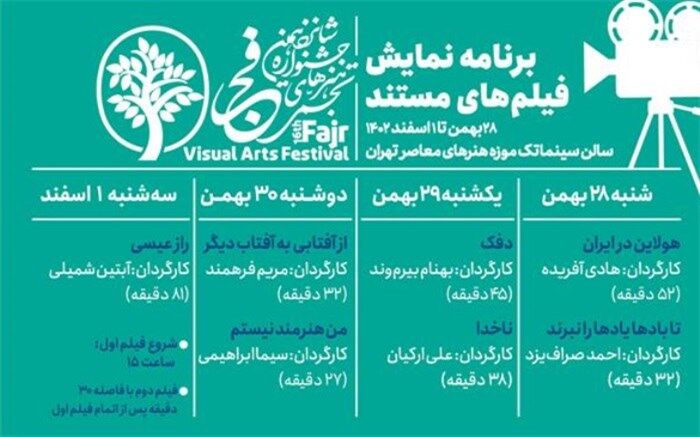 برنامه اکران فیلم‌های مستند تجسمی شانزدهمین جشنواره هنرهای تجسمی فجر منتشر شد
