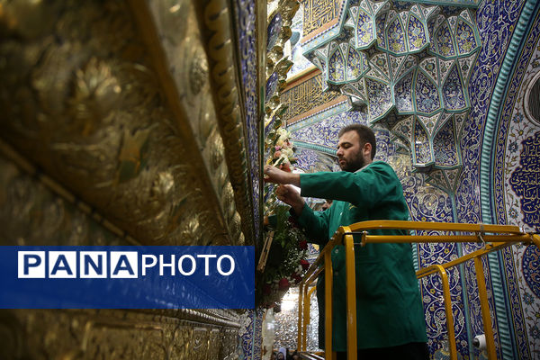 گل آرایی ضریح مطهر حضرت معصومه(س) به مناسبت روز دختر