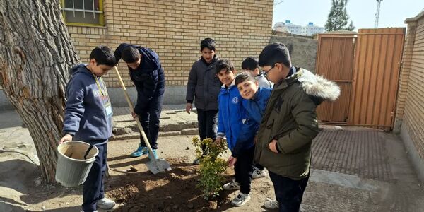 مشارکت دانش‌آموزان در فعالیت درختکاری دبستان شهدای گمنام۲